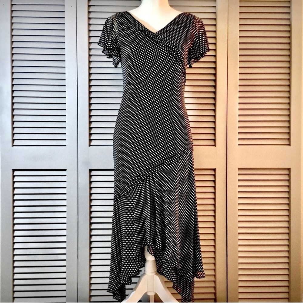 Vintage Adrianna Papell Black and White Silk Polka Dot Dress - Picture 1 of 9